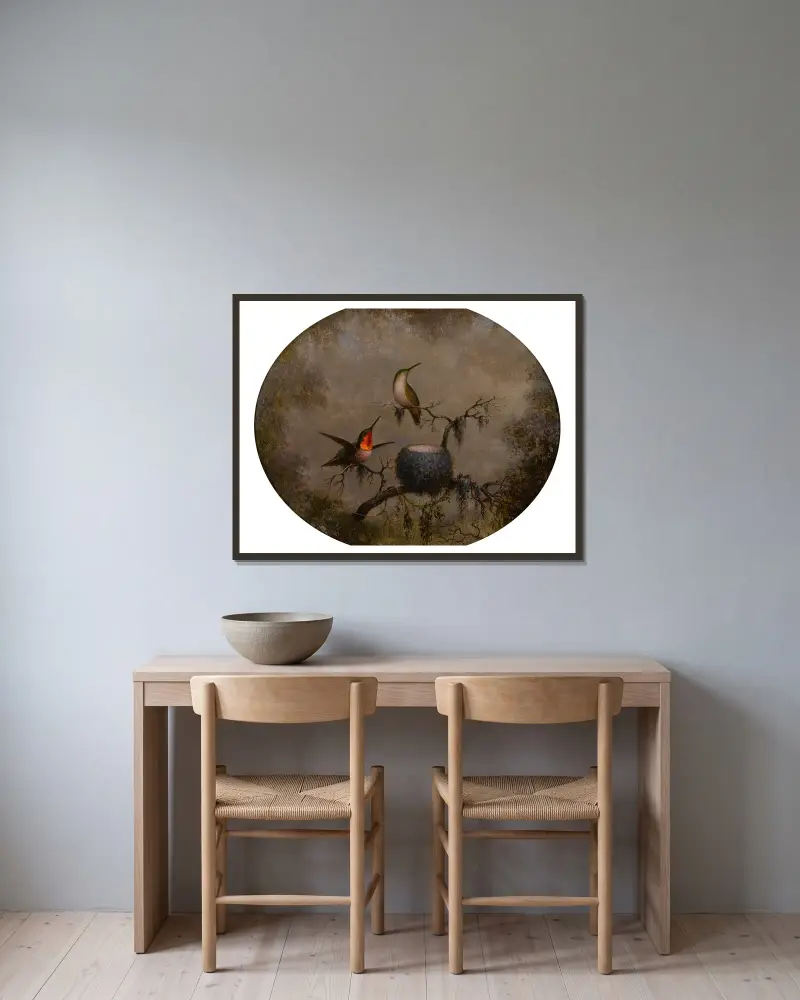 Hummingbirds and Their Nest av Martin Johnson Heade inramad på en vägg