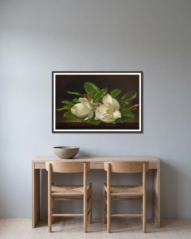 Magnolias on a Shiny Table av Martin Johnson Heade inramad på en vägg