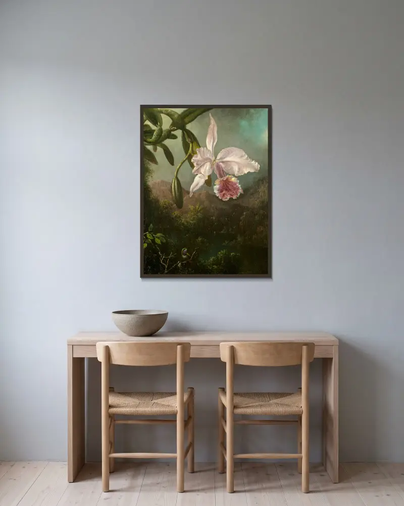 Orchidejové květy, Martin Johnson Heade v rámu na stěně