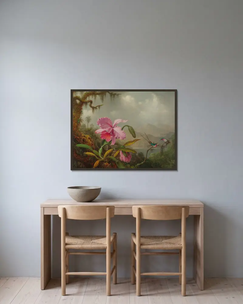 Orchids And Hummingbirds av Martin Johnson Heade inramad på en vägg