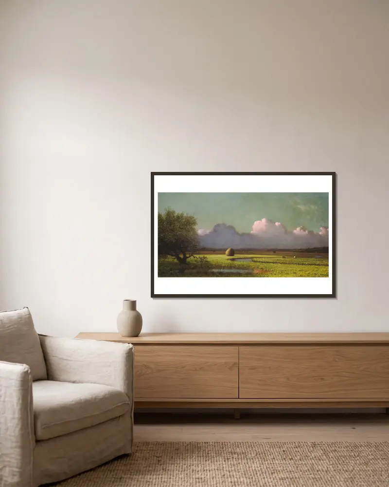 Sunlight and Shadow – The Newbury Marshes av Martin Johnson Heade inramad på en vägg