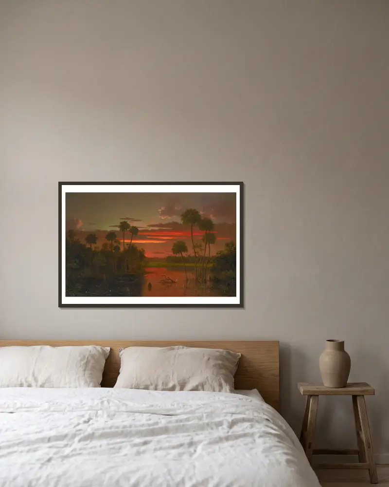 Velký floridský západ slunce, Martin Johnson Heade v rámu na stěně