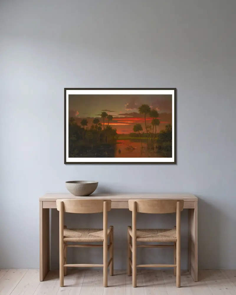 Velký floridský západ slunce, Martin Johnson Heade v rámu na stěně
