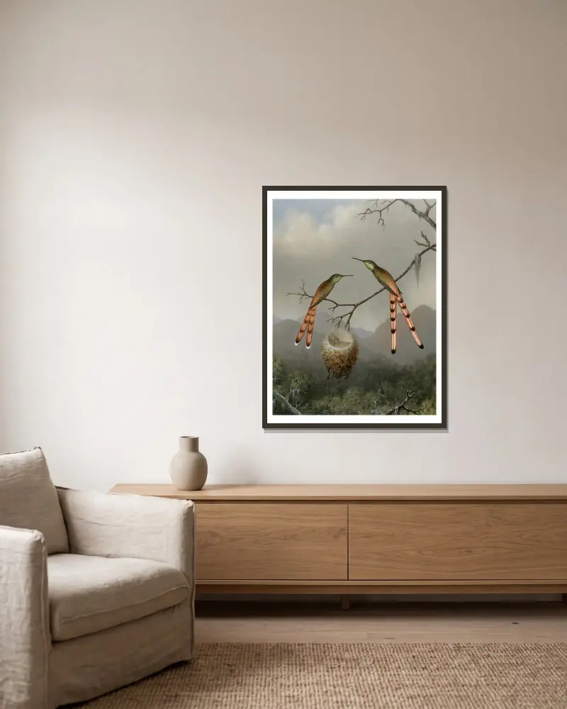 Two Hummingbirds with Their Young av Martin Johnson Heade inramad på en vägg