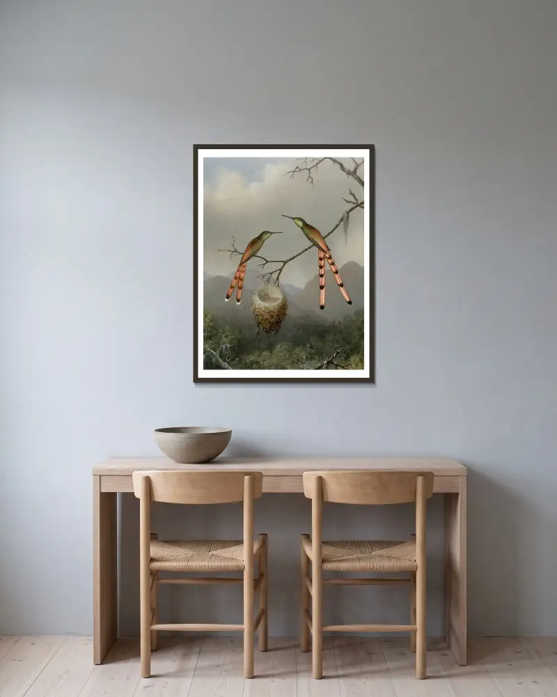 Two Hummingbirds with Their Young av Martin Johnson Heade inramad på en vägg