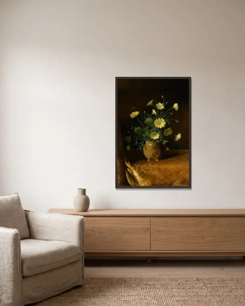 Yellow Daisies in a Brown Bowl av Martin Johnson Heade inramad på en vägg