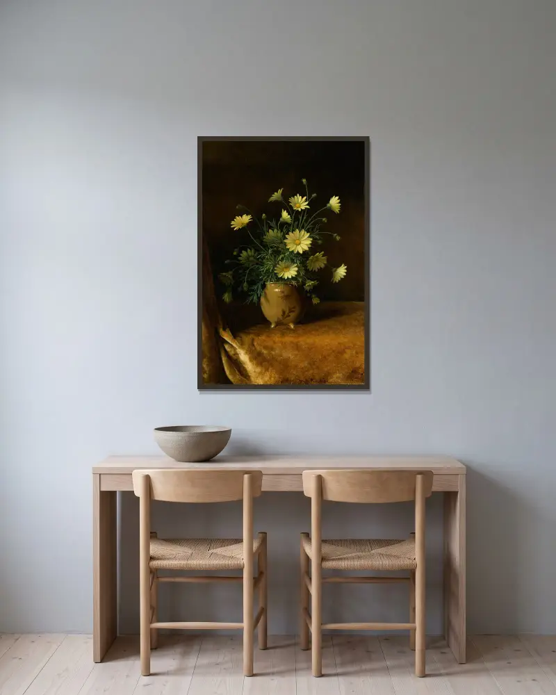 Yellow Daisies in a Brown Bowl av Martin Johnson Heade inramad på en vägg