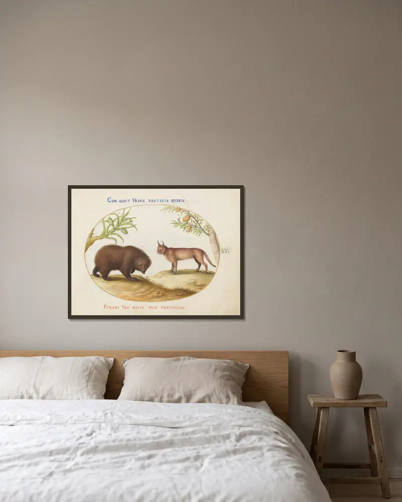 Ein Bär und ein Luchs von Joris Hoefnagel gerahmt an einer Wand