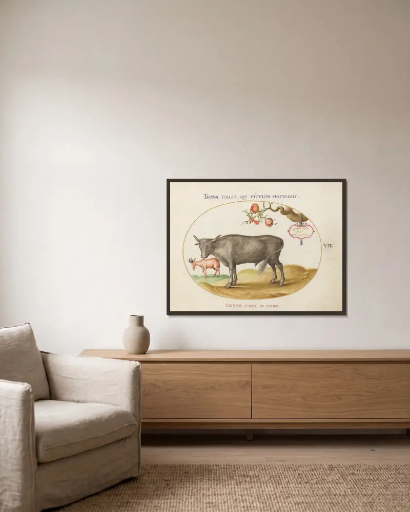 Ein Bulle und ein hornbewehrtes Tier von Joris Hoefnagel gerahmt an einer Wand
