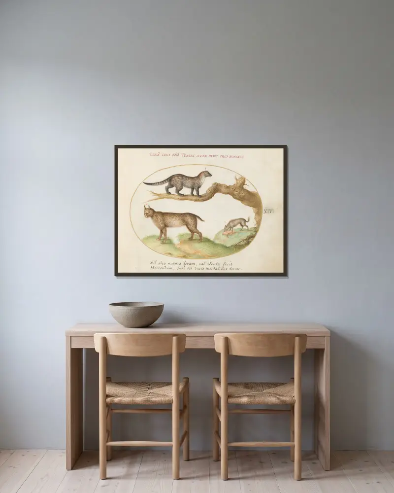 A Civet, a Lynx, and a Hyena Eating a Dog av Joris Hoefnagel inramad på en vägg
