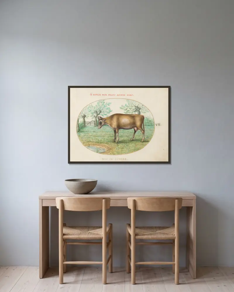 Eine Kuh von Joris Hoefnagel gerahmt an einer Wand