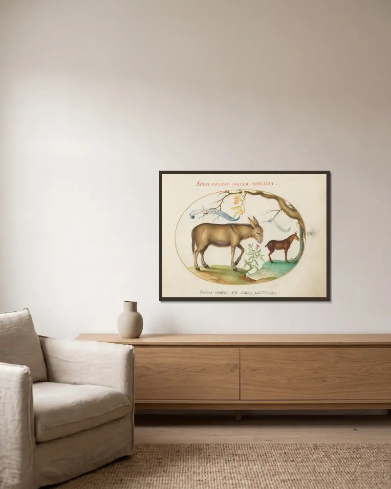 A Donkey and a Mule av Joris Hoefnagel inramad på en vägg
