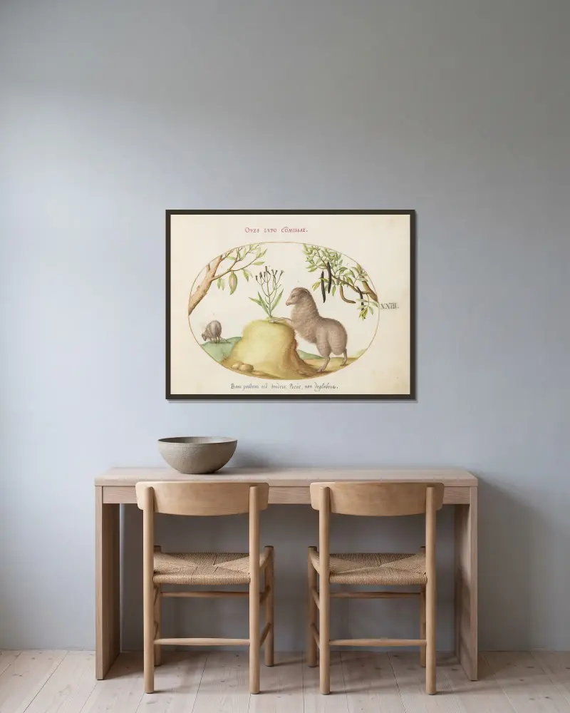 A Fat-Tailed Sheep, a Sheep with a Long Tail, a ‘Cassia purgatrix,’and Other Plants av Joris Hoefnagel inramad på en vägg