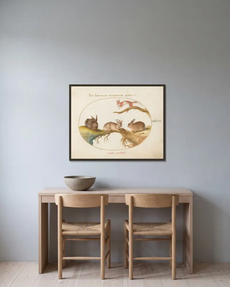 En hare, en sk ”jackalope”, en kanin och en fläckig ekorre av Joris Hoefnagel inramad på en vägg