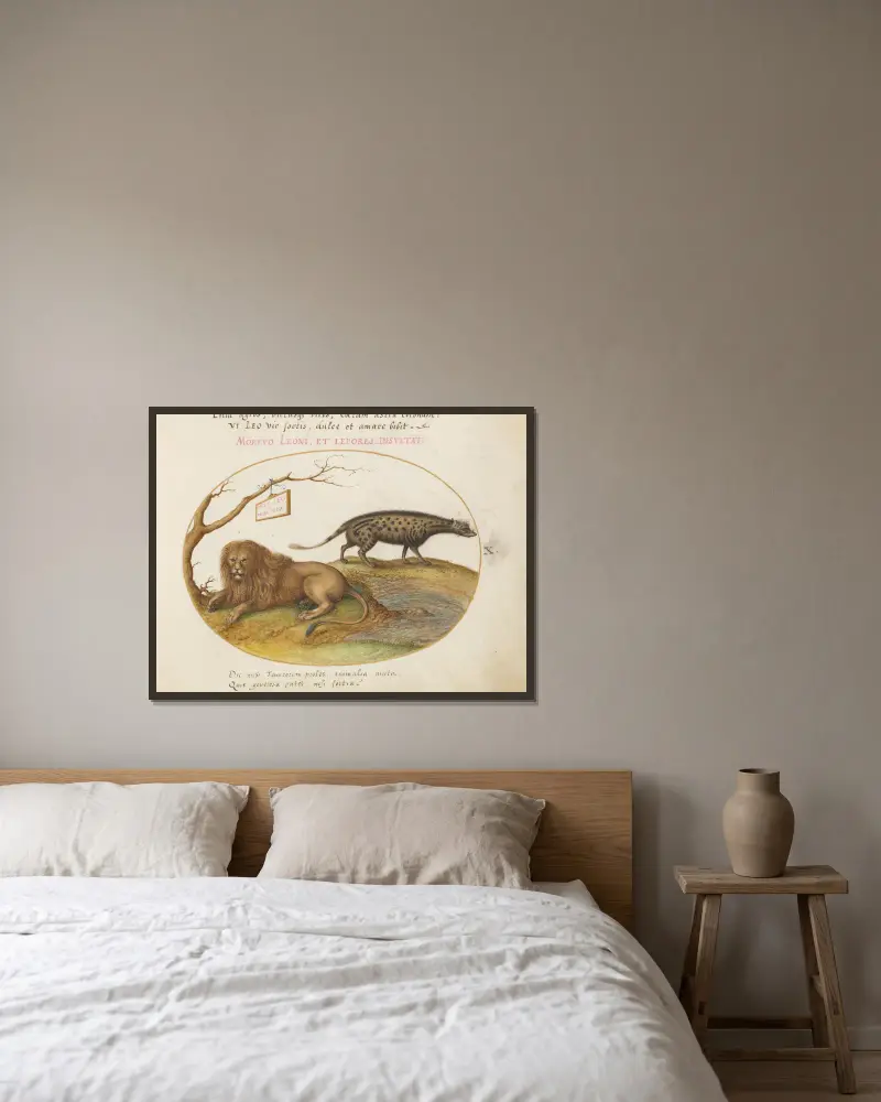 A Lion and a Civet Cat av Joris Hoefnagel inramad på en vägg