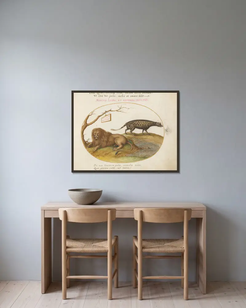 A Lion and a Civet Cat av Joris Hoefnagel inramad på en vägg