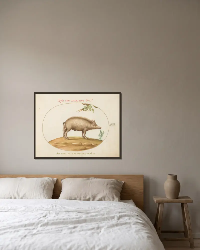 A Pig with Acorns av Joris Hoefnagel inramad på en vägg