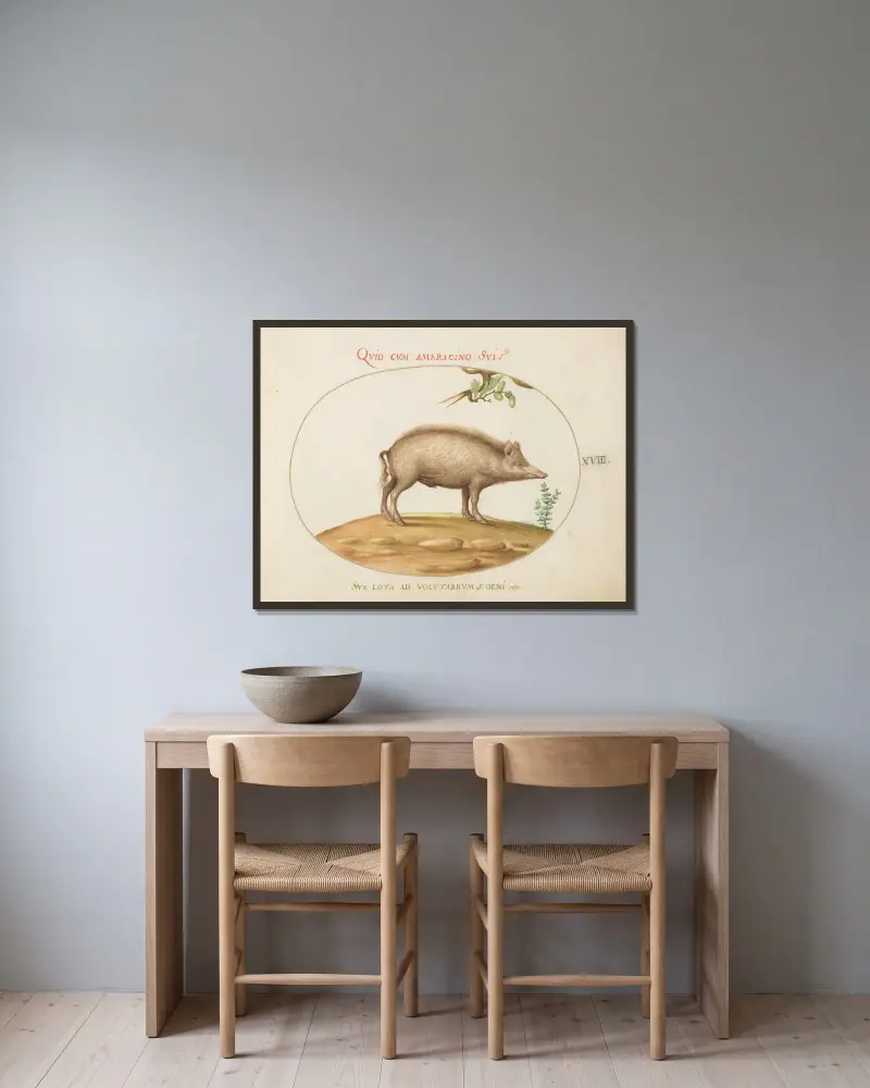 A Pig with Acorns av Joris Hoefnagel inramad på en vägg