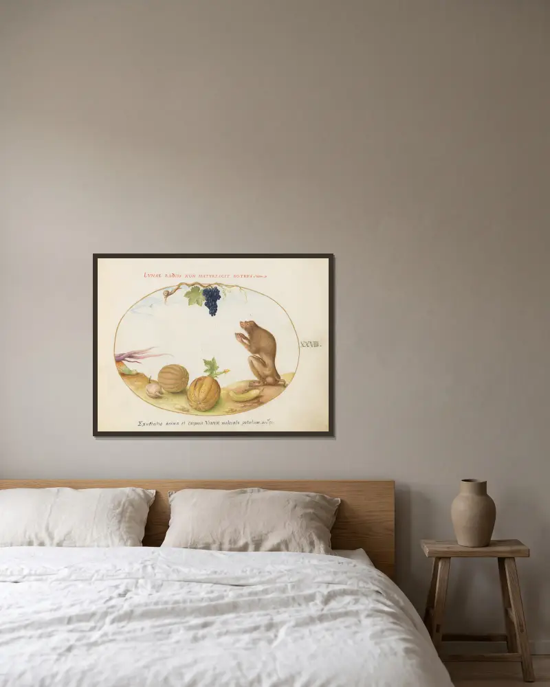 A ‘Tartarine’ (Barbary Macaque) with Fruit and a Snail av Joris Hoefnagel inramad på en vägg