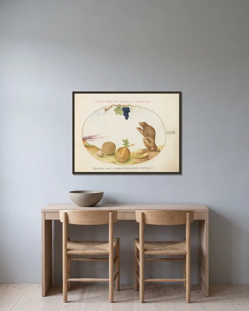 A ‘Tartarine’ (Barbary Macaque) with Fruit and a Snail av Joris Hoefnagel inramad på en vägg