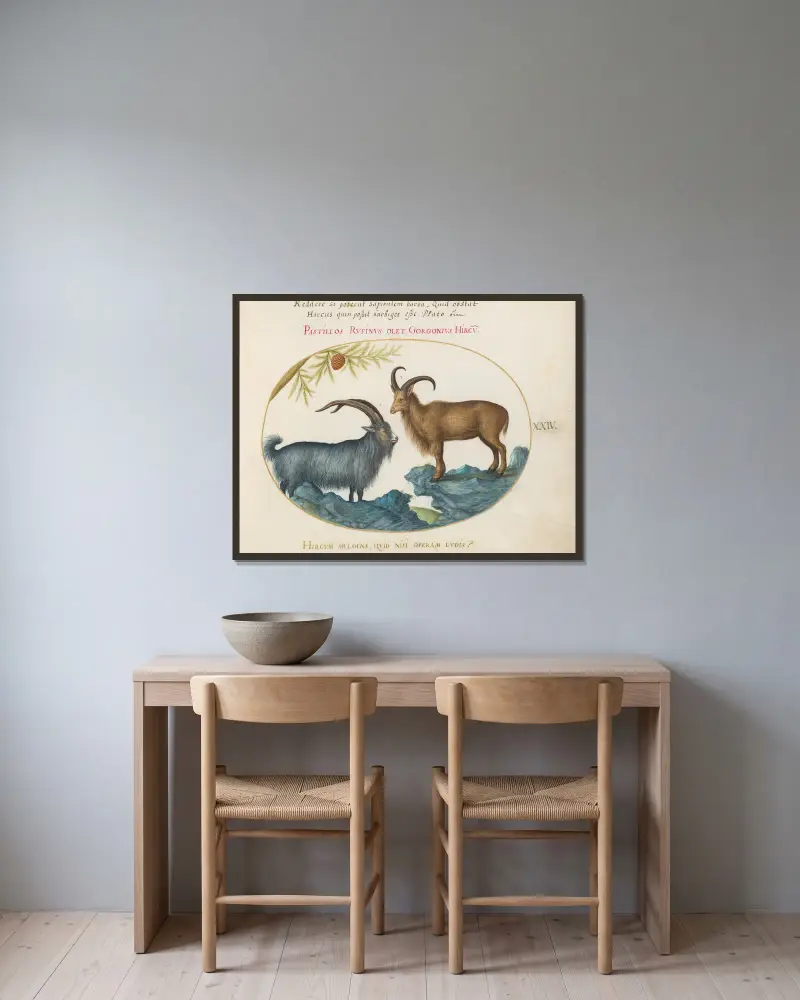 A Wild Goat and a Barbary Sheep av Joris Hoefnagel inramad på en vägg