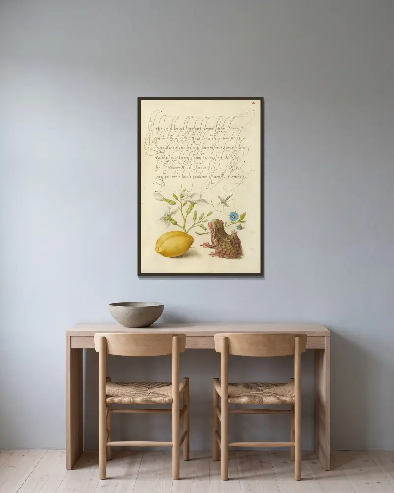 Gillyflower, insekt, germander, mandel och groda av Joris Hoefnagel inramad på en vägg