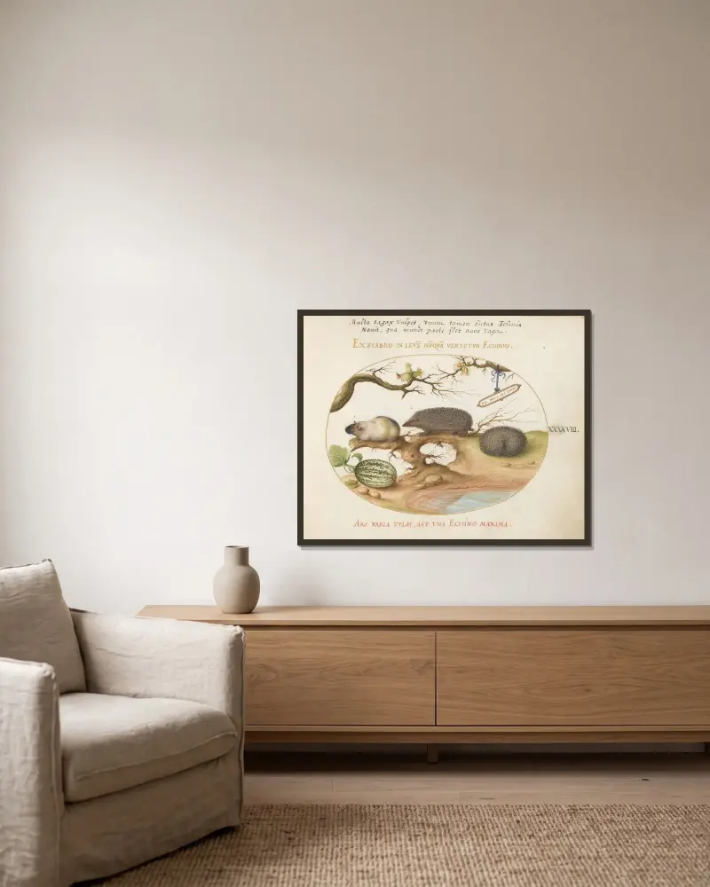 Guinea Pig and Hedgehogs with Melon and Cobnuts av Joris Hoefnagel inramad på en vägg