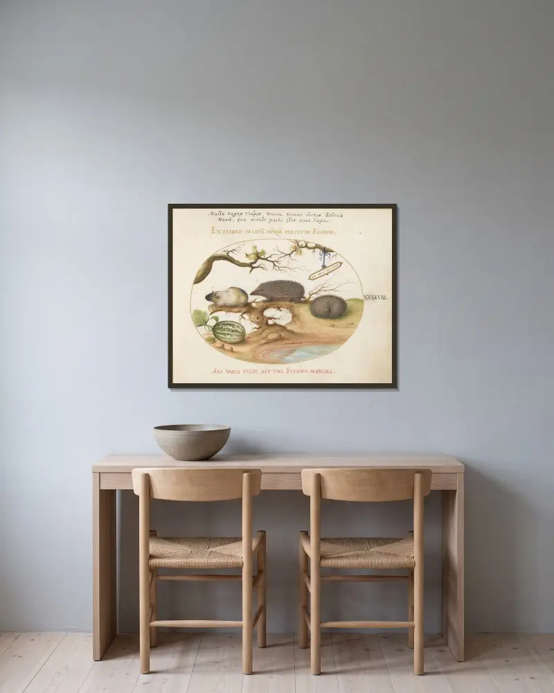 Guinea Pig and Hedgehogs with Melon and Cobnuts av Joris Hoefnagel inramad på en vägg