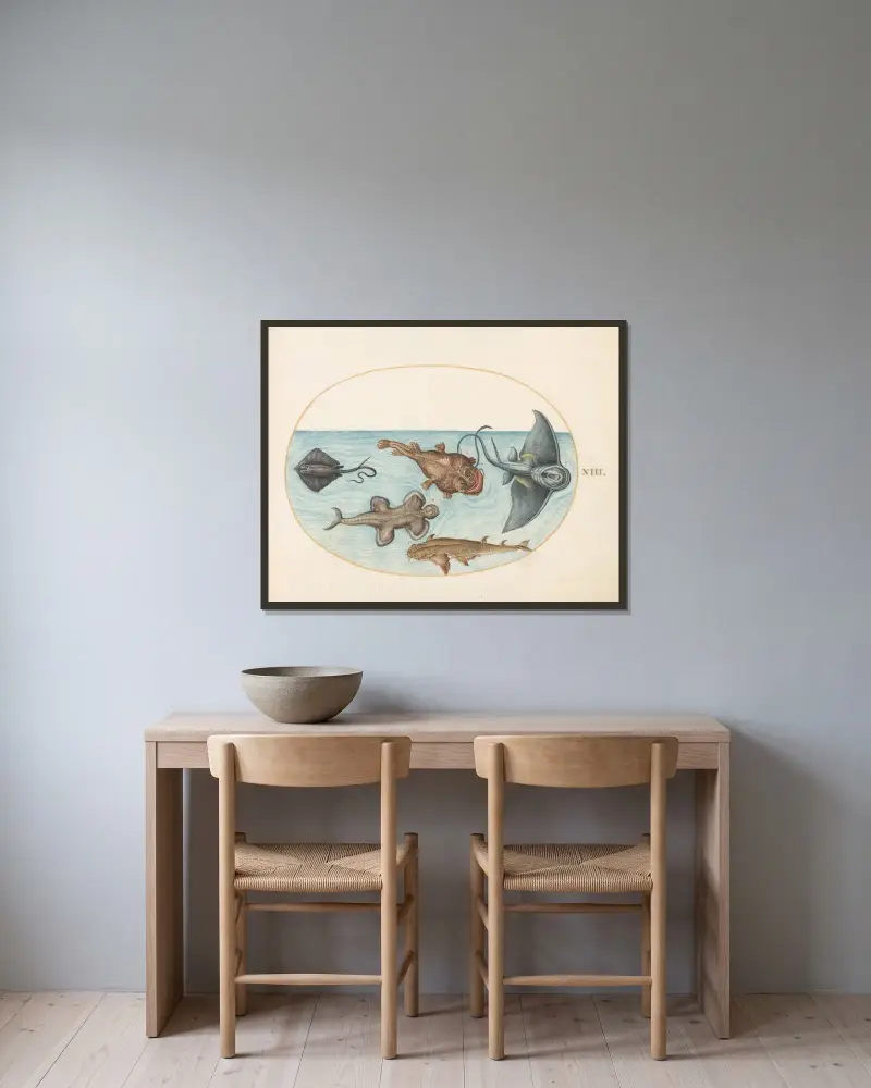 Plate 13; Two Stingrays, an Anglerfish, a Monkfish and an Angel Shark av Joris Hoefnagel inramad på en vägg