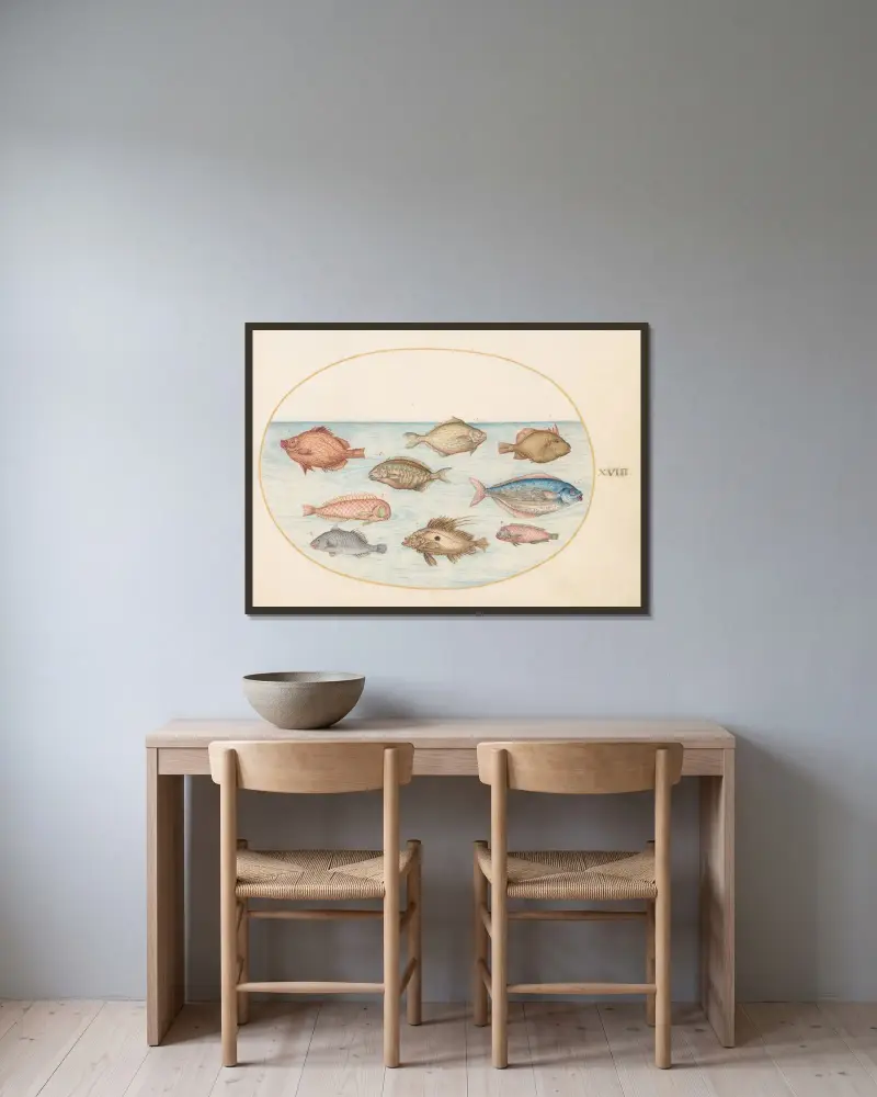 Plate 18; Boarfish, Razorfish, Butterfish, a John Dory, and Other Fish av Joris Hoefnagel inramad på en vägg