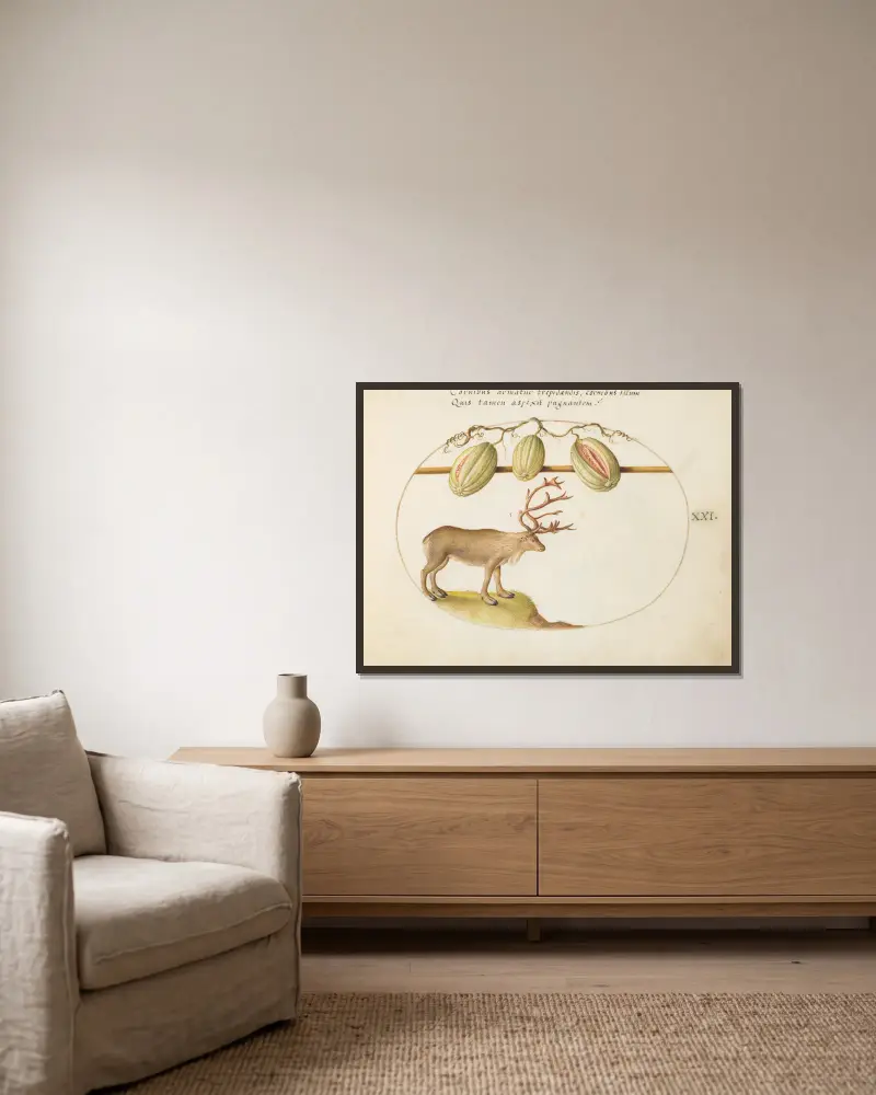 Reindeer with Melons av Joris Hoefnagel inramad på en vägg