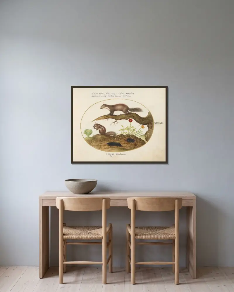 Stone Marten, Chipmunk, and Moles with a Marigold and Lettuce av Joris Hoefnagel inramad på en vägg