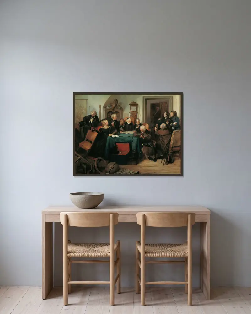 Die Testamentseröffnung von Josef Danhauser gerahmt an einer Wand