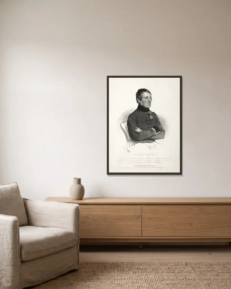 Portrait of Dr. Jospeh Hauer av Josef Kriehuber inramad på en vägg