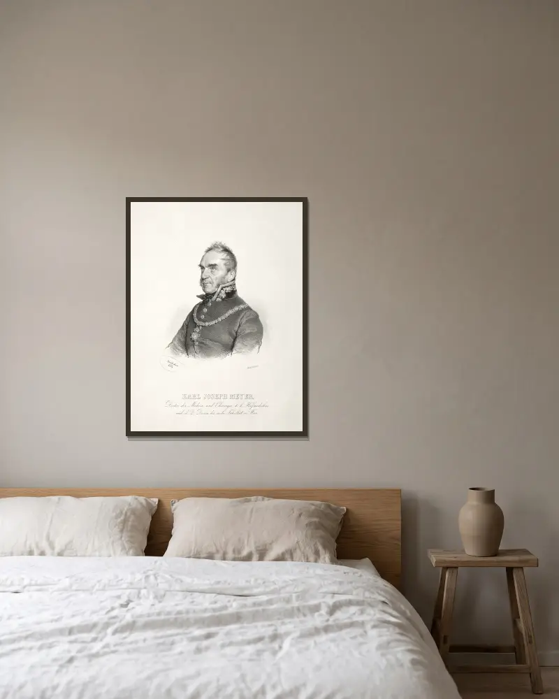 Portrait of Dr. Karl Joseph Meyer av Josef Kriehuber inramad på en vägg
