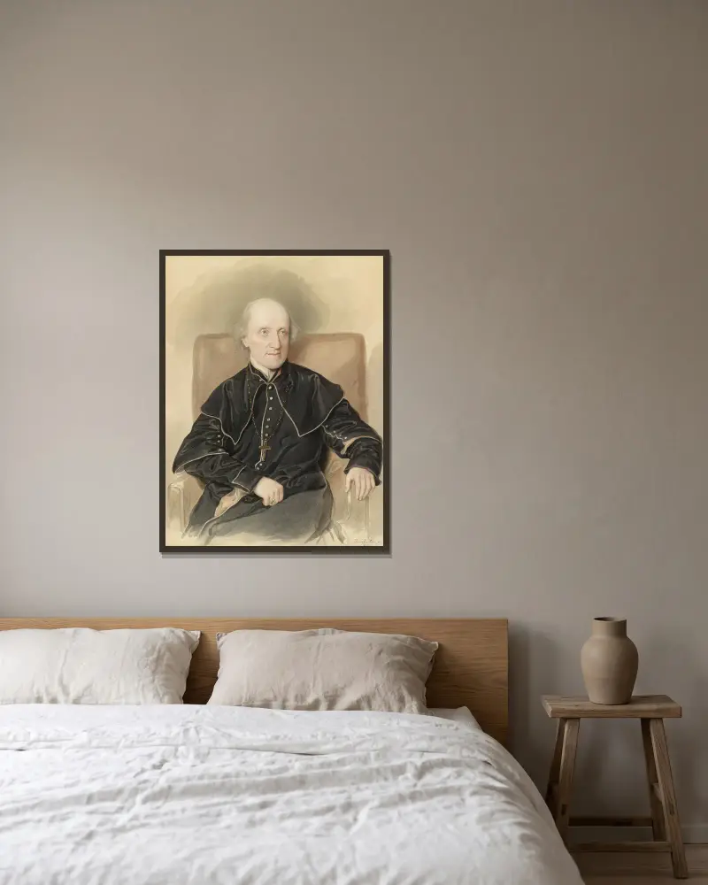 Portrait Vinzenz Eduard Milde av Josef Kriehuber inramad på en vägg