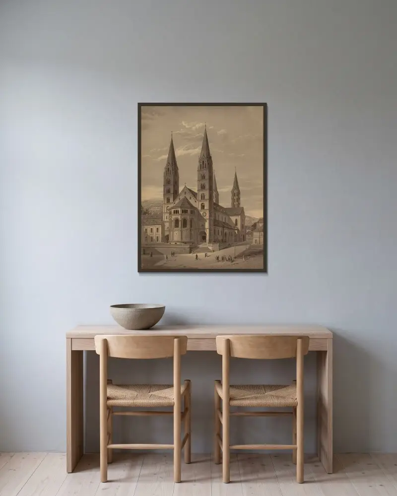 Bamberg Cathedral av Josef Langl inramad på en vägg