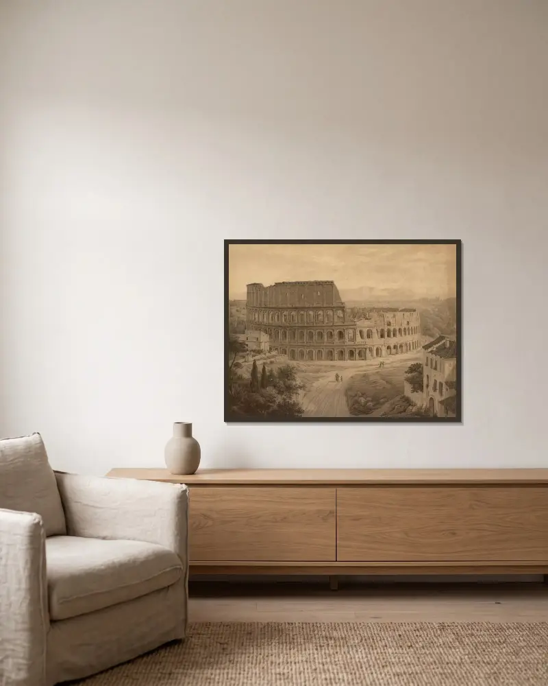 Colosseum av Josef Langl inramad på en vägg