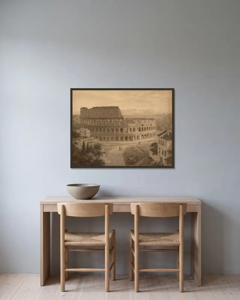 Colosseum av Josef Langl inramad på en vägg