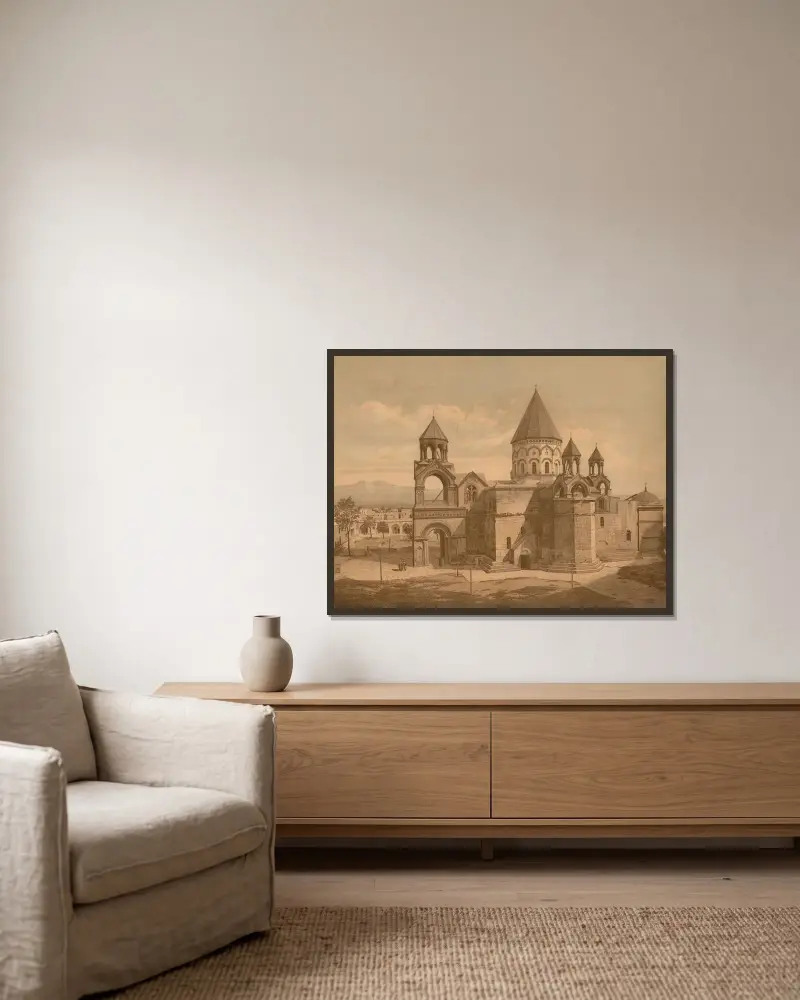 Etchmiadzin Cathedral av Josef Langl inramad på en vägg