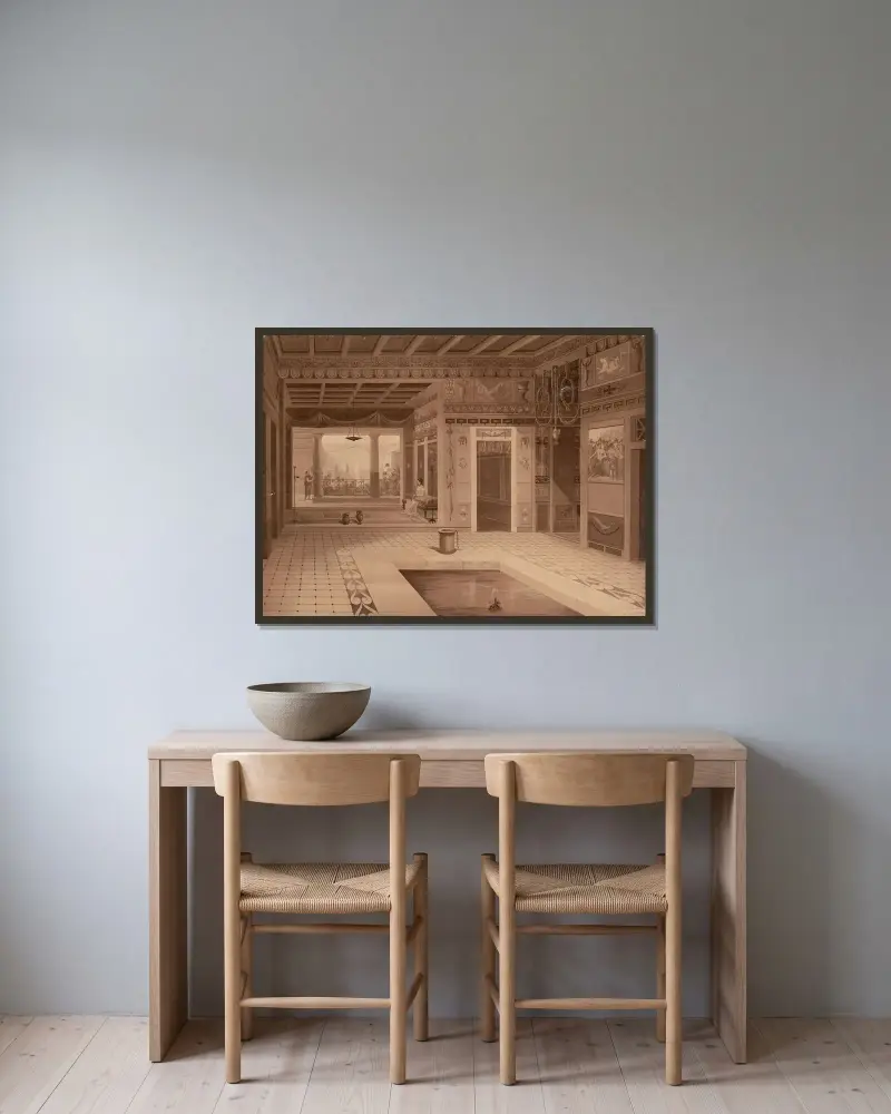 De tragiske poetens hus, Pompeji av Josef Langl inramad på en vägg