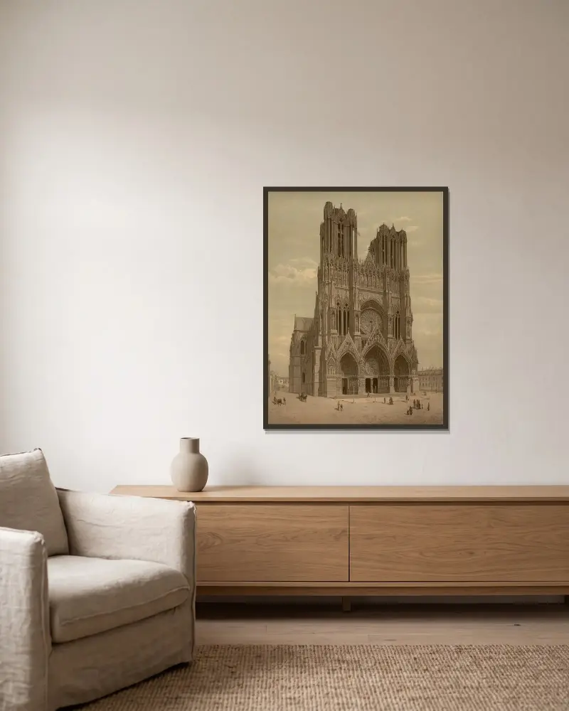 Katedralen Notre-Dame i Reims av Josef Langl inramad på en vägg