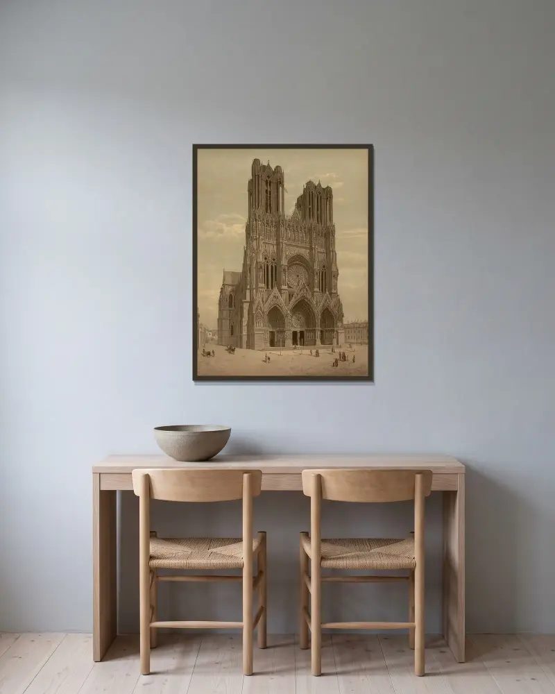 Katedralen Notre-Dame i Reims av Josef Langl inramad på en vägg