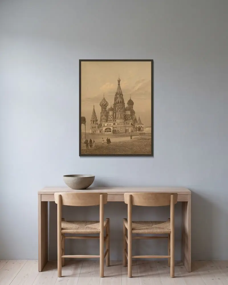 Vasilijkatedralen (Moskva) av Josef Langl inramad på en vägg