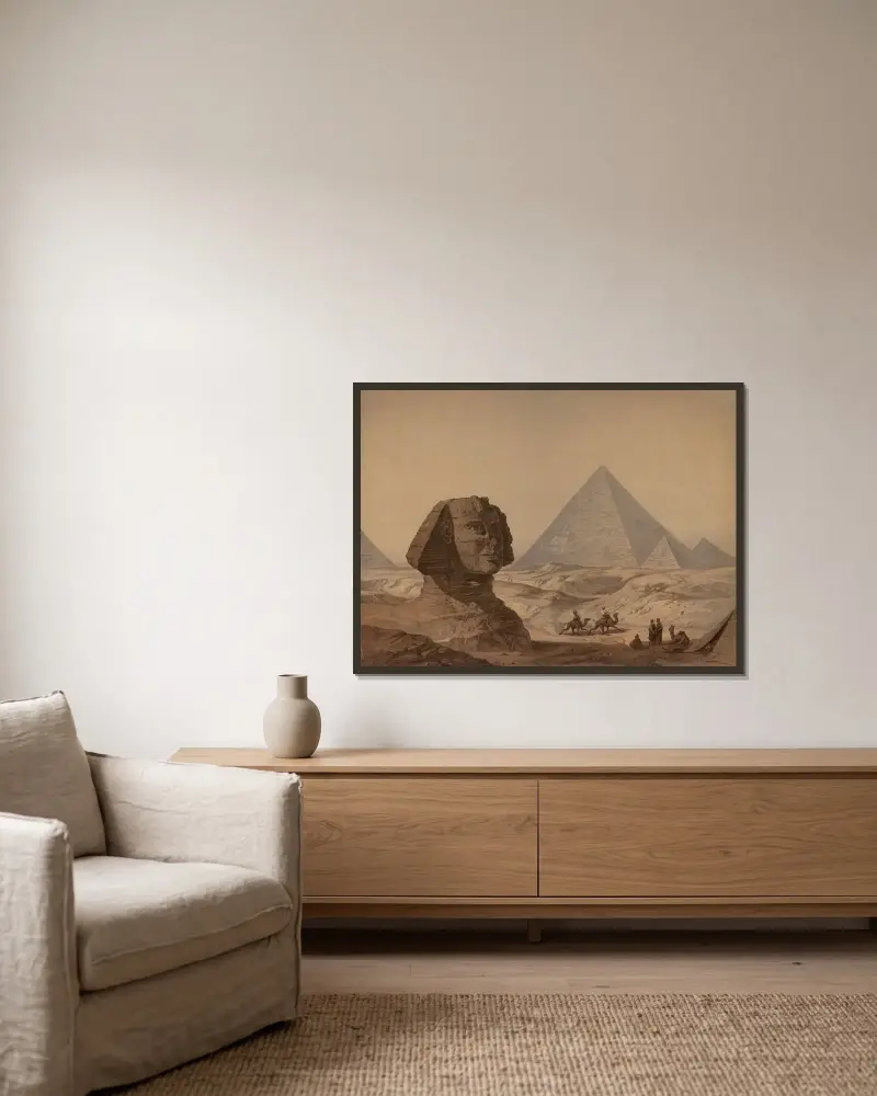 Sfinxen och pyramiderna i Giza av Josef Langl inramad på en vägg
