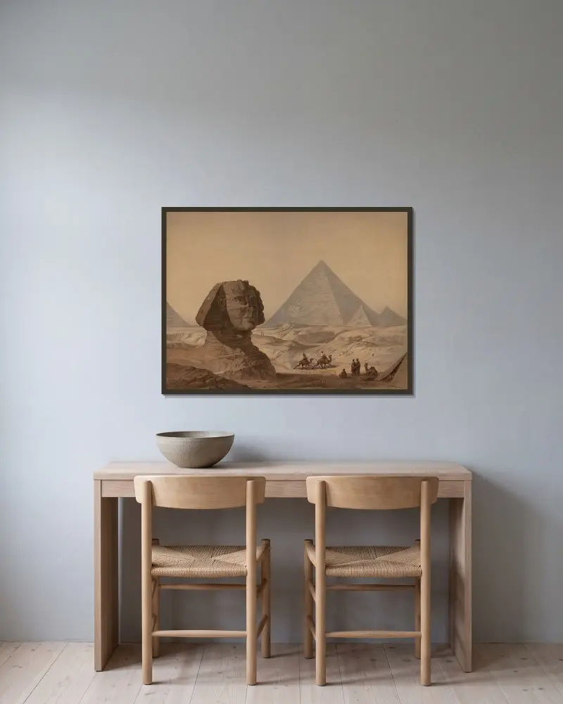 Sfinxen och pyramiderna i Giza av Josef Langl inramad på en vägg