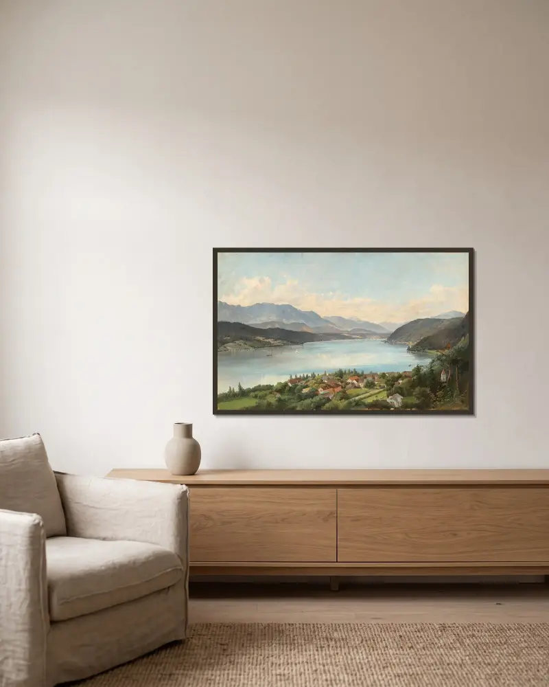 Wörthersee, utsikt från Pörtschach mot Velden av Josef Langl inramad på en vägg