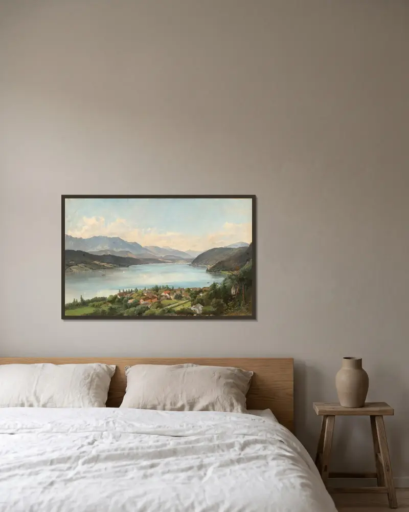 Wörthersee, utsikt från Pörtschach mot Velden av Josef Langl inramad på en vägg
