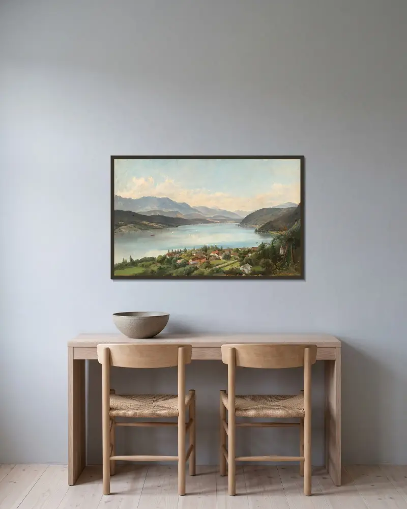 Wörthersee, utsikt från Pörtschach mot Velden av Josef Langl inramad på en vägg