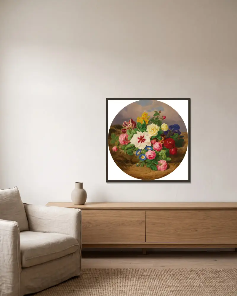A Bouquet of Roses, Tulips and Narcissus on Sandy Ground av Josef Lauer inramad på en vägg